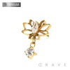 IMPLANT GRADE TITANIUM THREADLESS PUSH IN CZ LOTUS FLOWER WITH ROUND CZ DANGLE TOP PART